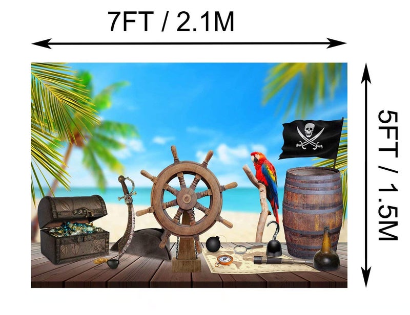BELECO 7x5ft Fabric Pirate Backdrop for Photography Beach Pirate Ship Wooden Rudder Treasure Map Jewelry Box Barrel Parrot Background Halloween Pirate Party Decor Kids Birthday Photoshoot Photo Props - Image 5